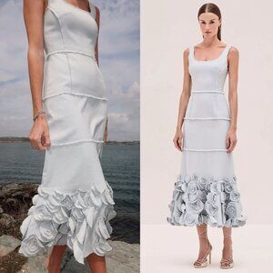 Alexis Demina Mist Blue 3D Rosette Linen Cotton Midi Dress Size S NWT